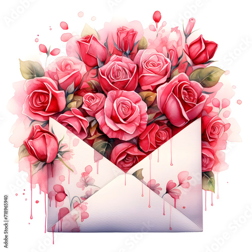 Envelope with flowers and heart inside watercolor paint photo