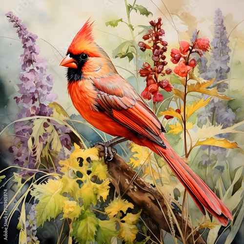 Watercolor cardinal bird, isolated in white background, vector illustration.