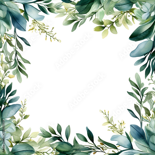 Greenery  green leaves  branches  berries. Watercolor rectangular frame