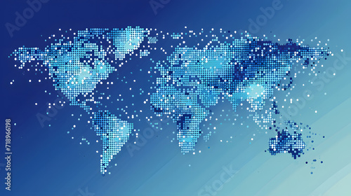 Fototapeta Naklejka Na Ścianę i Meble -  Digital pixelated world map against a blue gradient background, depicting global connectivity and virtual networks in a modern style