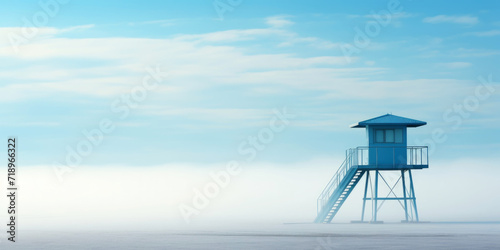 Lifeguard Tower in a white mist on a beach of seaside. Lonely landscape with watchtower. Generative AI