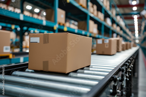 Cardboard boxes in warehouse being sorted on conveyor for delivery shipping  © ChubbyCat