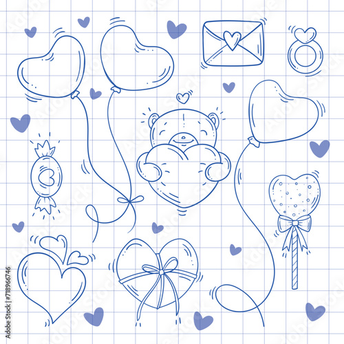Set of blue sketch elements for Valentines day in doodle style on a white checkered background. Love bundle