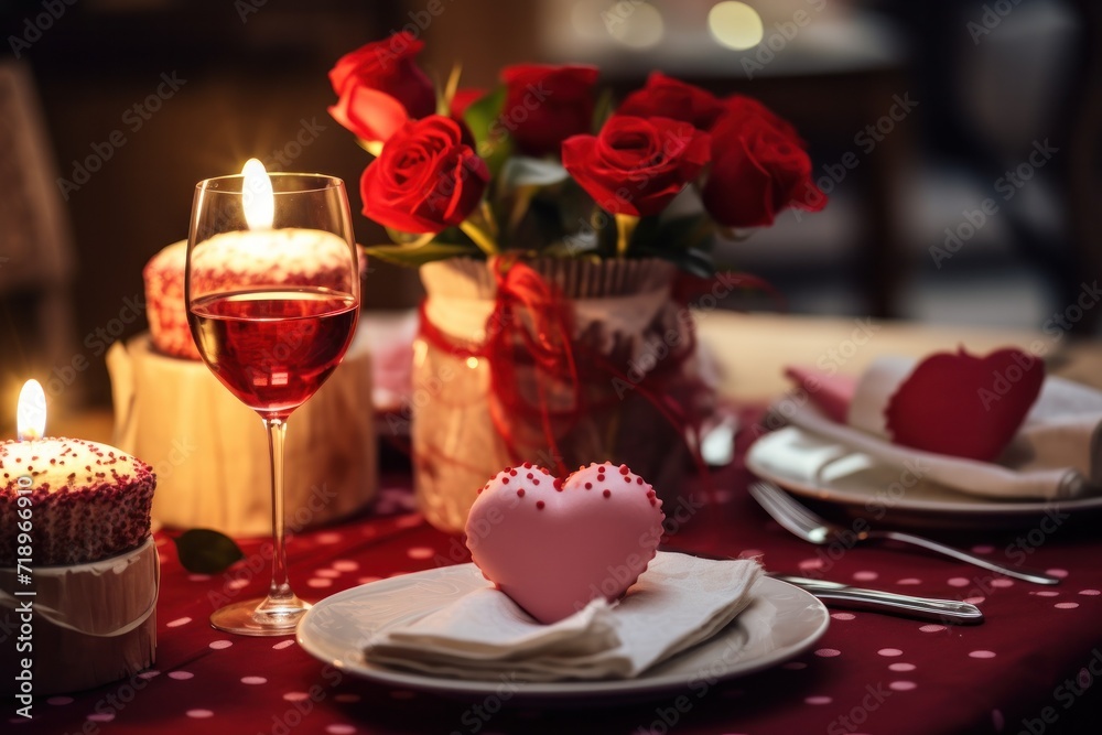 A romantic table setting with roses, wine, and a heart-shaped cake, perfect for a celebration. A romantic table setting with roses, wine, and a heart-shaped cake, perfect for a celebration.