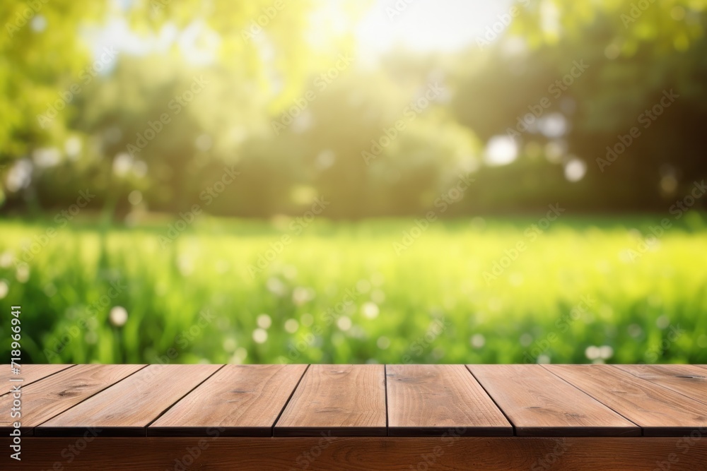 A rustic wooden bench on fresh grass in a sunny garden, providing a serene backdrop.