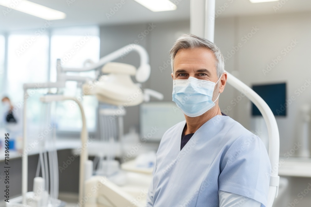A cheerful elderly orthodontic specialist providing dental care in a clinic setting.