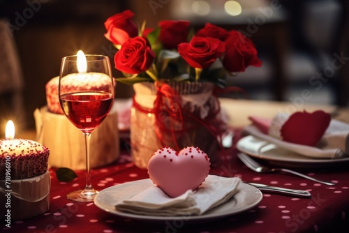 A romantic table setting with roses, wine, and a heart-shaped cake, perfect for a celebration.