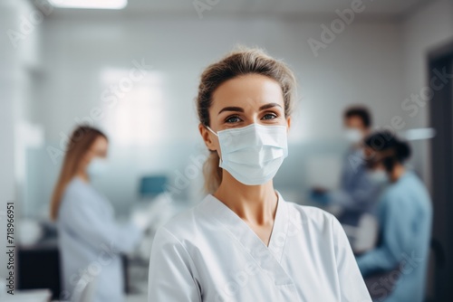 Confident lady surgeon in an operating room, wearing protective gear, ready for medical procedures.