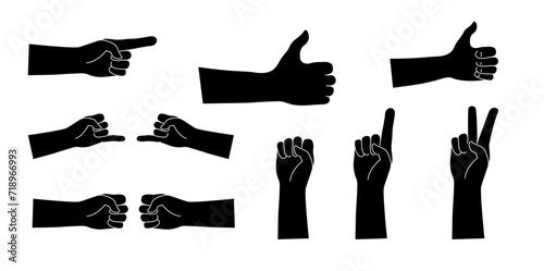 Hand gestures isolated vector icon black. Line art human hands show different signals, signs.