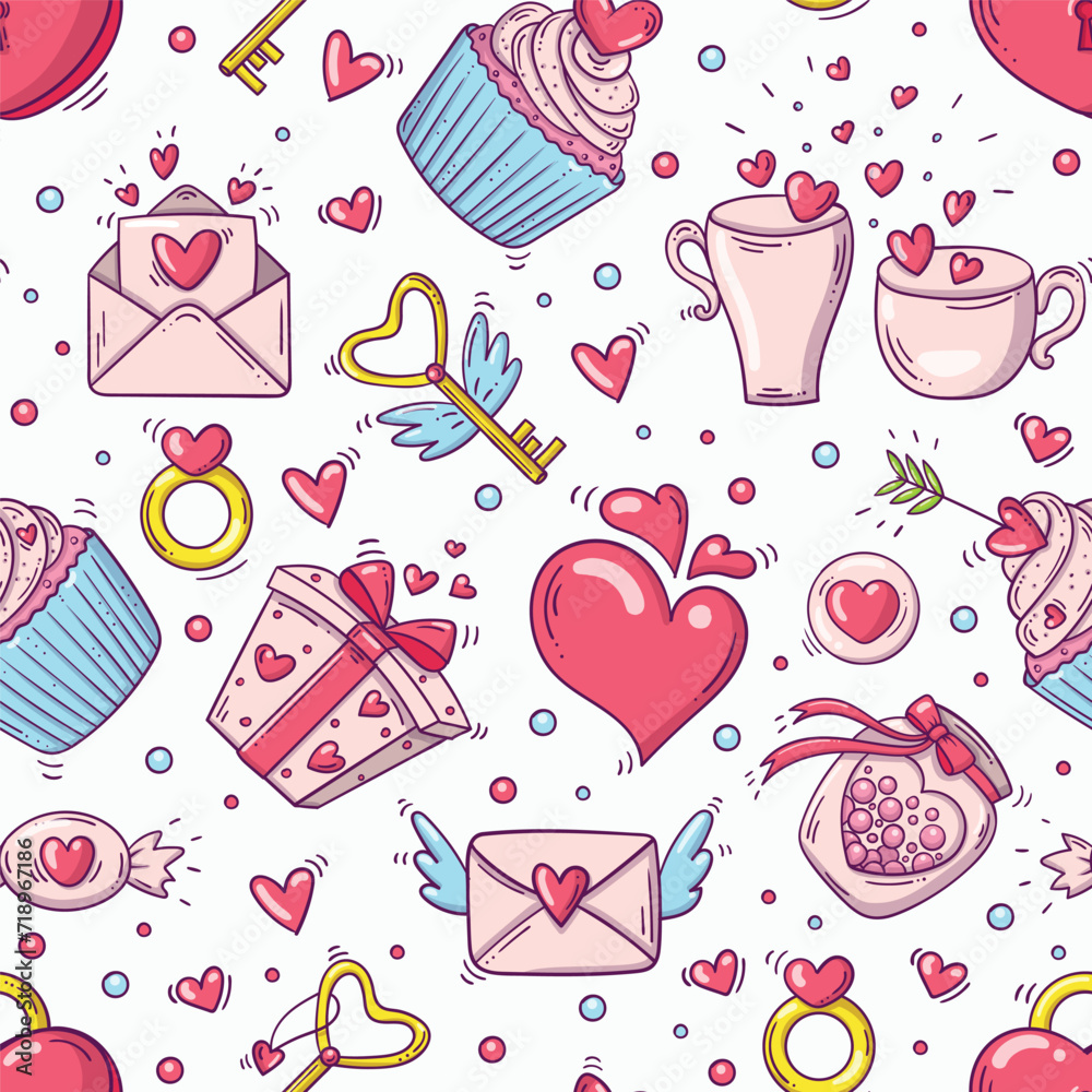Bright seamless pattern with valentines day and love objects in doodle style on white background Bright seamless pattern with valentines day and love objects in doodle style on white background