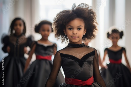 A group of elementary school girls in gorgeous costumes on stage, showcasing their talent and creativity. photo