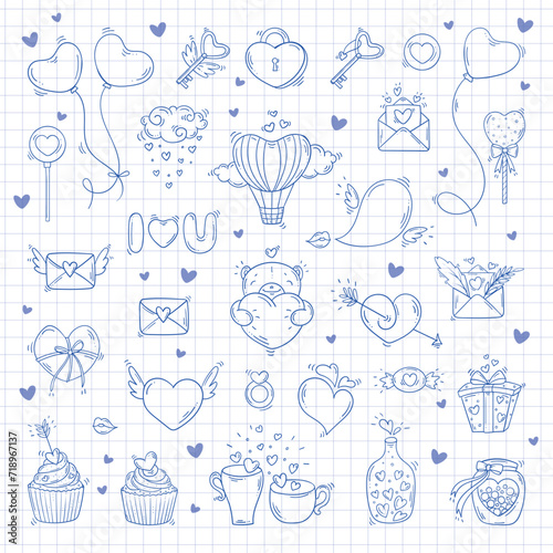 Big set of blue sketch elements for Valentines day in doodle style on a white checkered background. Huge love bundle