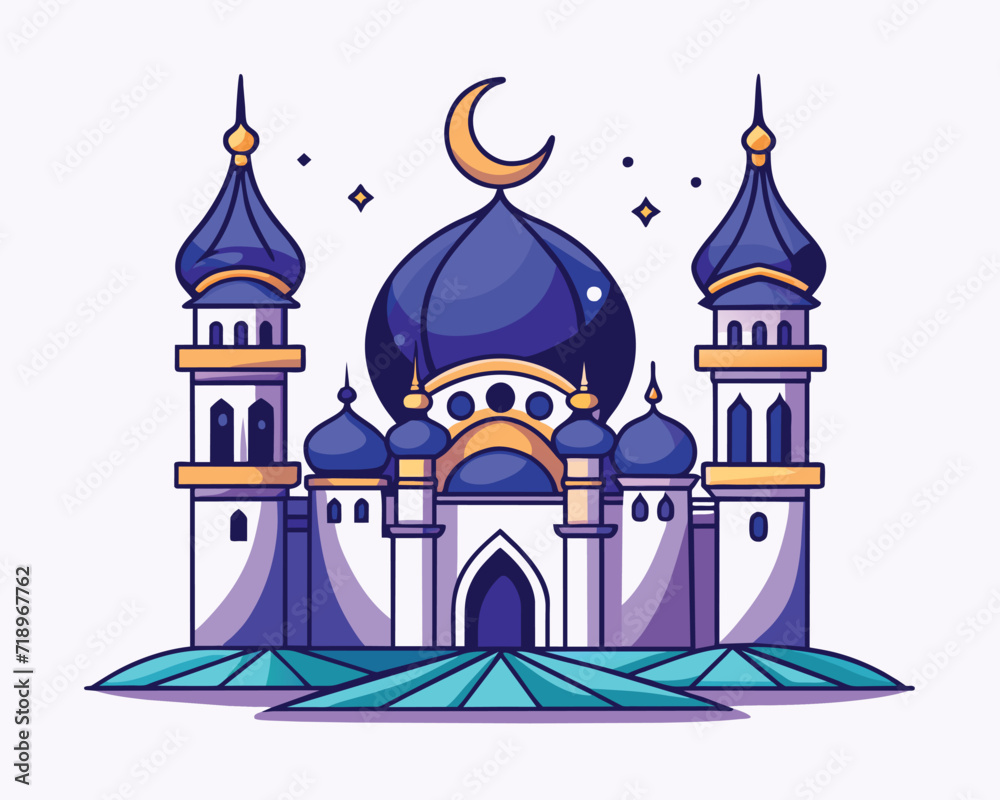 Blue and white mosque with dome and minarets, suitable for travel brochures, cultural websites, and religious publications. Perfect for diverse designs.
