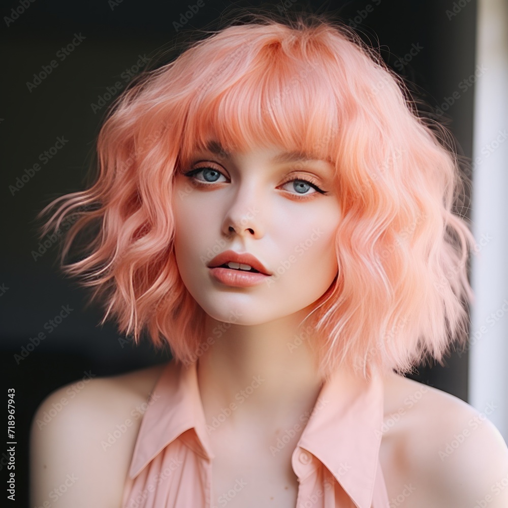 A woman portrait color of the year 2024, with hair and cloth in the Peach Fuzz color