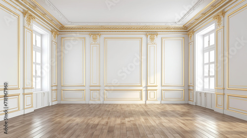 White empty room with golden moldings for mockup. 