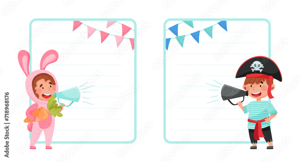 Empty Card with Cute Kid Character in Fancy Dress or Costume Talking Vector Template Empty Card with Cute Kid Character in Fancy Dress or Costume Talking Vector Template