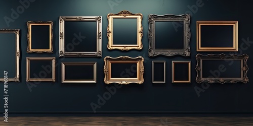 Art fair gallery featuring antique frames on a black wall, with blank white space for mockup design.