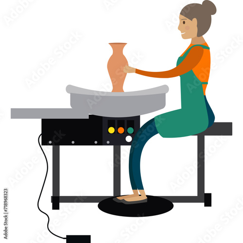 Female potter making clay vase on pottery wheel vector icon isolated on white