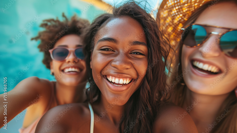 Multi-ethnic group of young women hugging each other outdoors. Cheerful female community concept Multi-ethnic group of young women hugging each other outdoors. Cheerful female community concept
