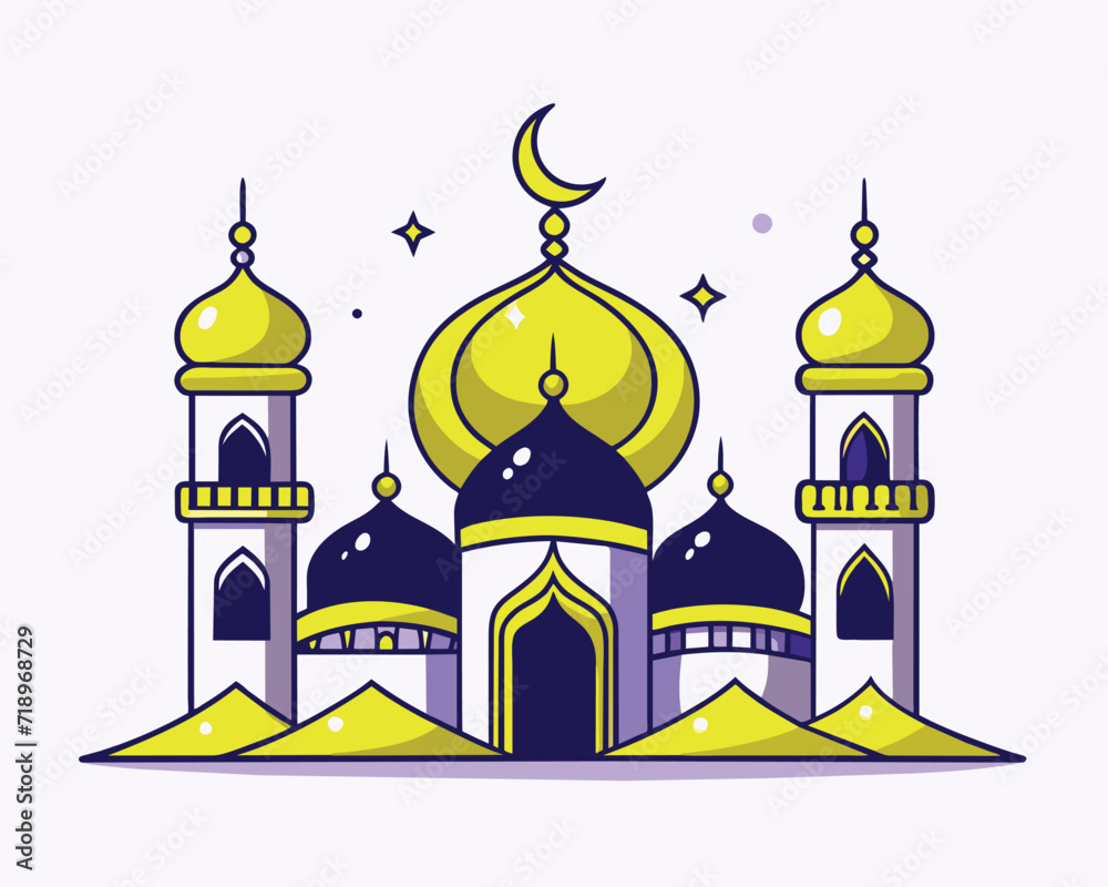 Cartoon mosque with yellow dome, ideal for religious and cultural designs. Suitable for educational materials, presentations, and travel brochures.