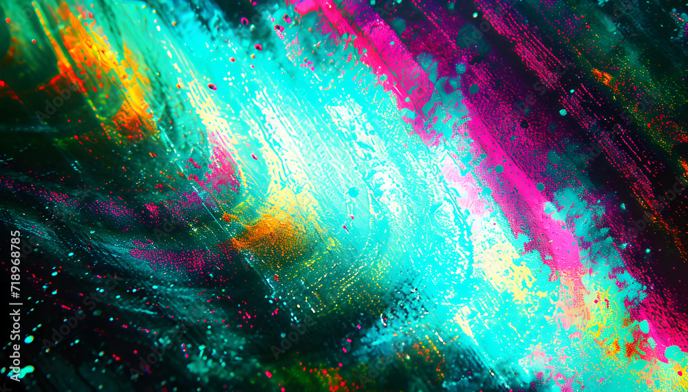 Horizontal Digital Pixel Glitch Texture, a swirl of neon colors against a dark background, reminiscent of a distant galaxy