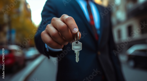Close-up of a businessman's hand holding a key. in the middle of the street, buy my first house. real estate. mortgage © Enrique