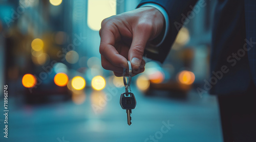 Close-up of a businessman's hand holding a key. in the middle of the street, buy my first house. real estate. mortgage
