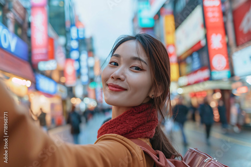 Young and beautiful oriental woman smiling and taking selfie in city background.
