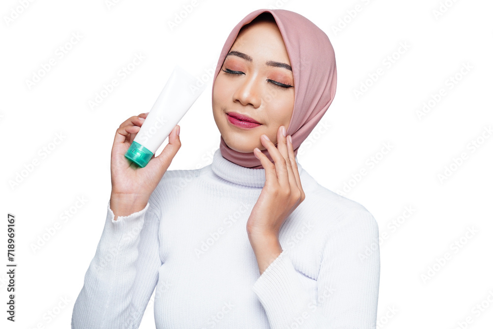 Hijab muslim woman beauty shot with sunscreen isolated transparent Hijab muslim woman beauty shot with sunscreen isolated transparent