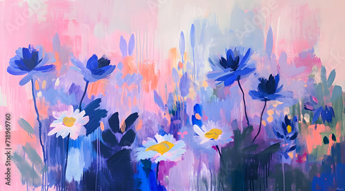 A dreamy  abstract floral painting with soft pastel hues of pink and blue creating an impressionistic meadow of flowers  wall art decor