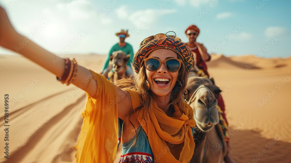 Happy tourists having fun in dessert with camel and talking selfies with a big copy space, Generative AI.