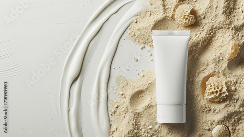 Face cream in a white plastic tube with no label, featuring sand on a white backdrop, space, Generative AI.
