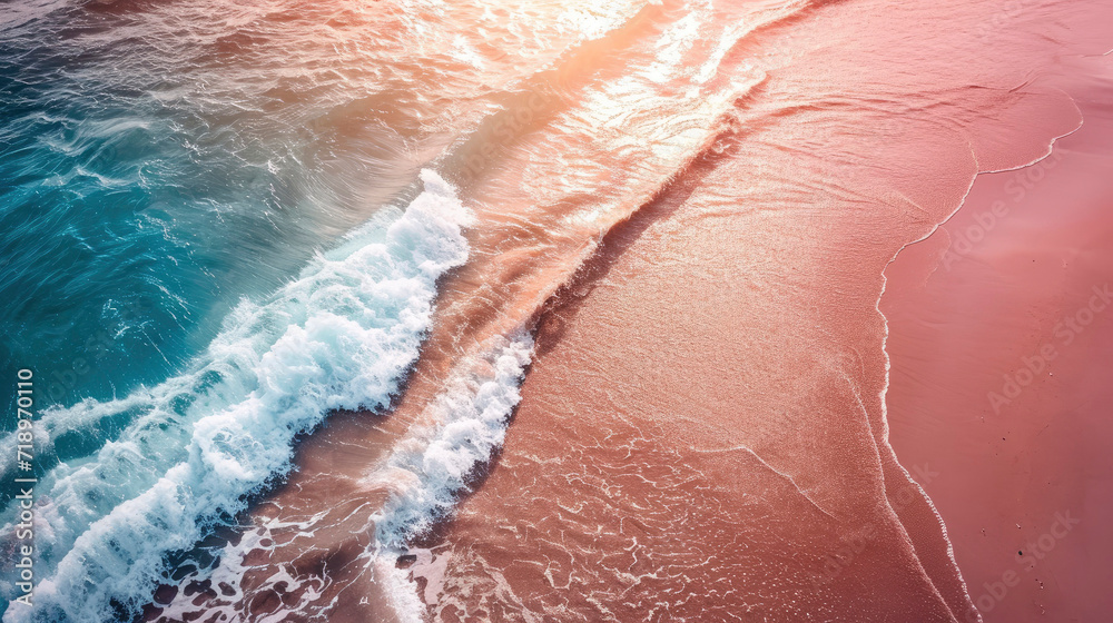 top view from a drone: pink sand beach waves splashing sea water. Atmospheric seascape