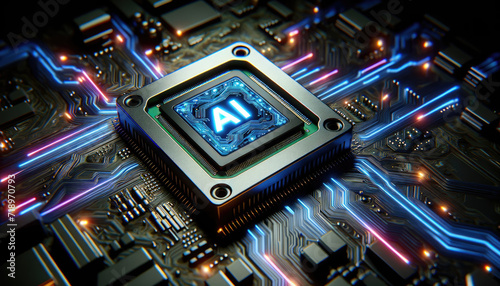 Close-up of an AI processor chip with glowing neon lights on a detailed circuit board, emphasizing sophisticated technology.