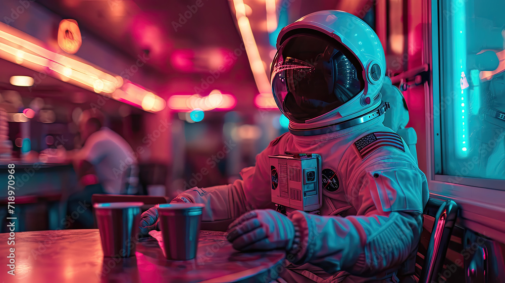 Astronaut sitting in a diner having a coffee