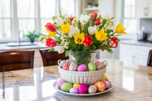 Spring Freshness: Tulips and Easter Eggs on the table in the bright modern kitchen interior