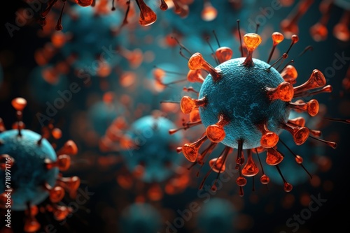 Viruses and bacteria on an abstract background, multiple magnification under a microscope. Virus and coronavirus protection and warning concept