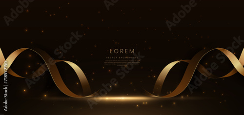 Golden ribbon lines and lighting effect sparkle on dark brown background. Luxury template award design.