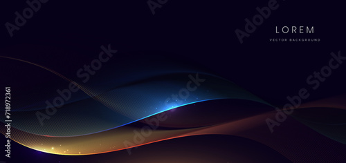 Abstract blue and gold wave lines glowing on black background with copy space for text. Luxury design style.