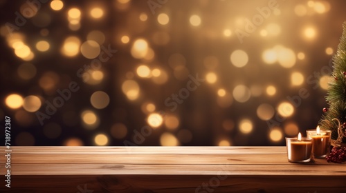Wooden table showcase postament or exhibition surface with blurry shimmering festive christmas trees and candles background with copy space