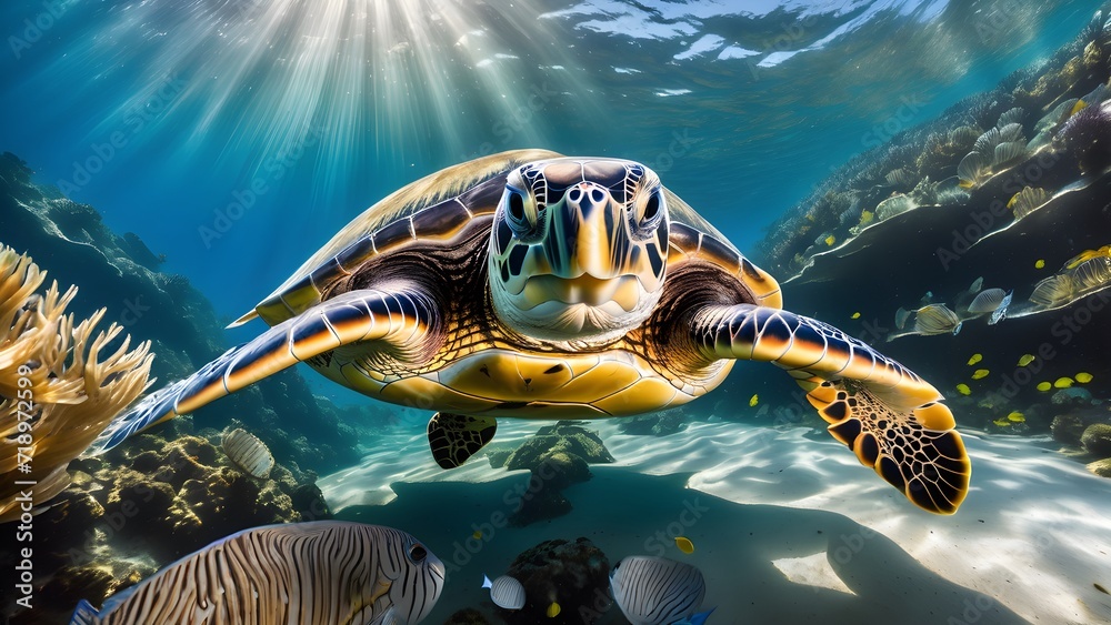 Fototapeta premium Green sea turtle gliding through a sunlit kelp forest
