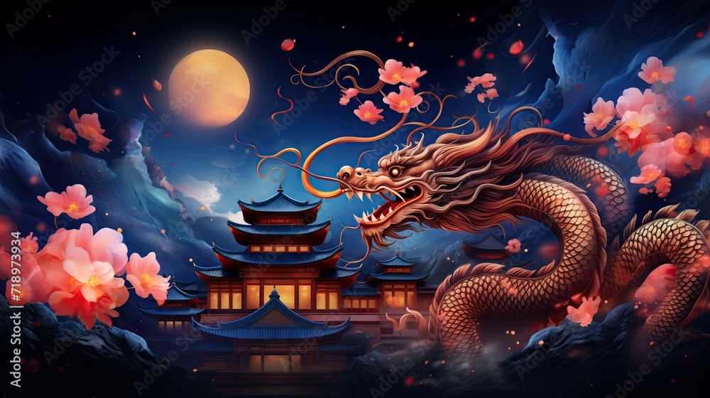 Fantasy image of Asian landscape, skyline with moon and mystery flying dragon.