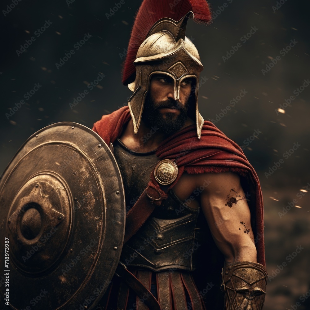 Fototapeta premium Spartan, a solitary warrior in minimalist armor, radiating discipline and strength. Embody essence of ancient Greek valor unyielding resilience. Austere training battlefield prowess, essence spirit.