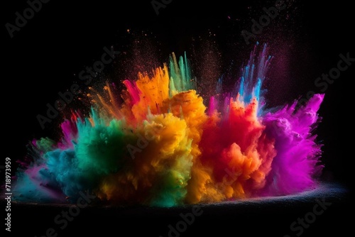 Vibrant powder burst on black backdrop. Generative AI