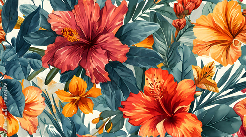 Exotic Blossoms Abound  Vibrant Hibiscus Pattern with Lush Greenery  hibiscus flowers intertwined with rich foliage background