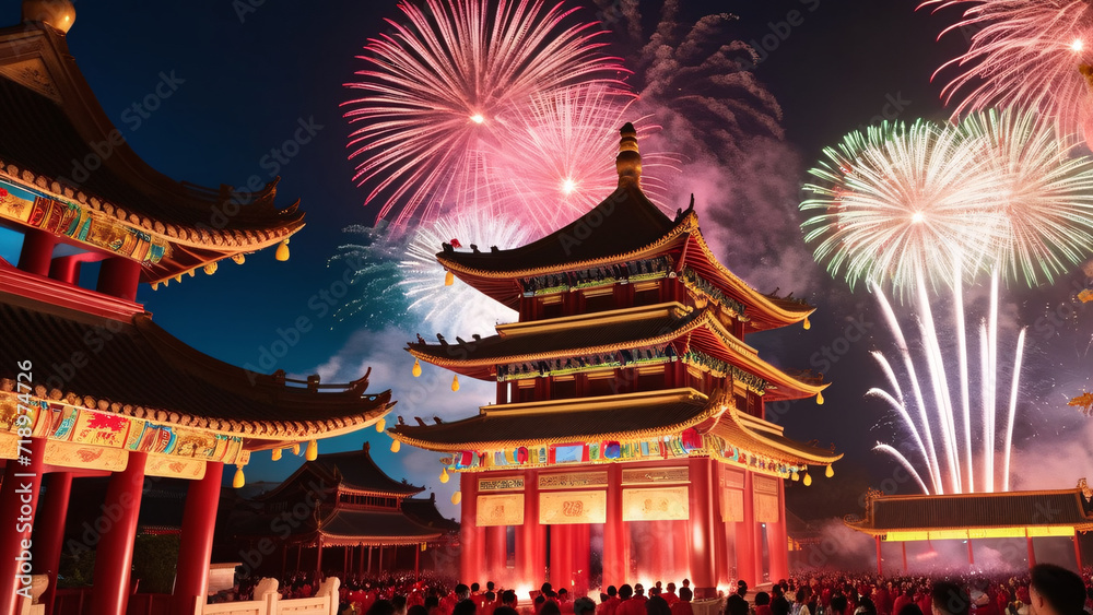 chinese temple with lunar new year celebration, fireworks, chinese new year chinese temple with lunar new year celebration, fireworks, chinese new year