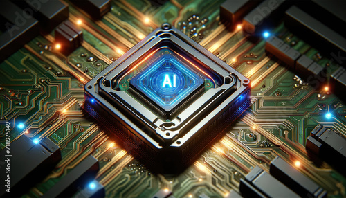 Close-up of an AI processor chip with glowing neon lights on a detailed circuit board, emphasizing sophisticated technology.