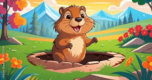 Happy Groundhog Day.    cheerful brown gopher emerging from its burrow. The scene is set in a lush green landscape with blooming orange flowers and a scenic mountain backdrop.