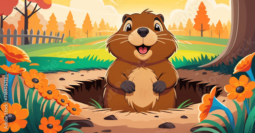 Happy Groundhog Day.    cheerful brown gopher emerging from its burrow. The scene is set in a lush green landscape with blooming orange flowers and a scenic mountain backdrop.