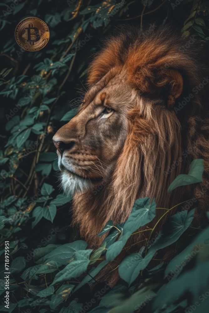 Fototapeta premium Southwest African lion in the bush. Bitcoin sign.